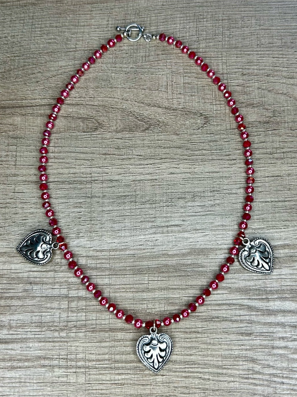 Red Crystal and Faux Pearl Beaded Heart Charm Necklace Handmade